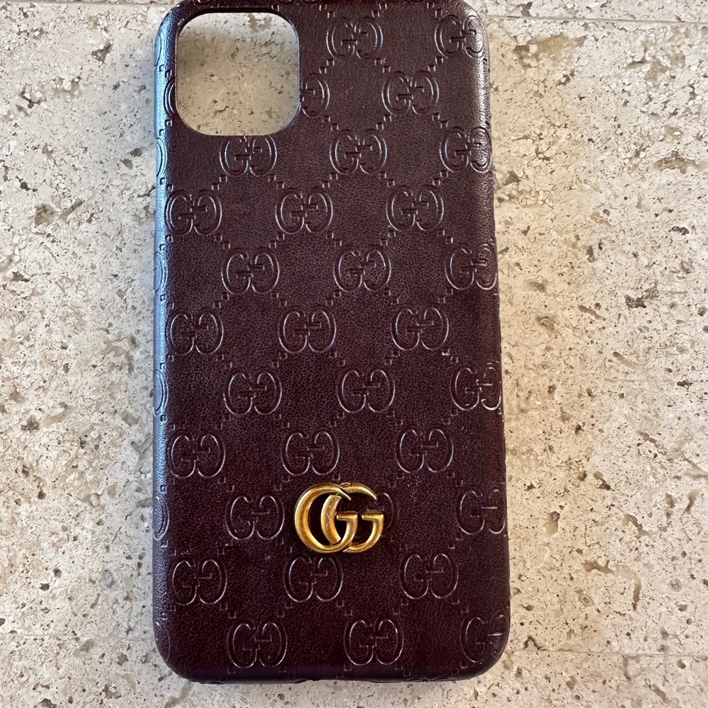 GUCCI Brown Leather Embossed GG iPhone Case with Gold Logo